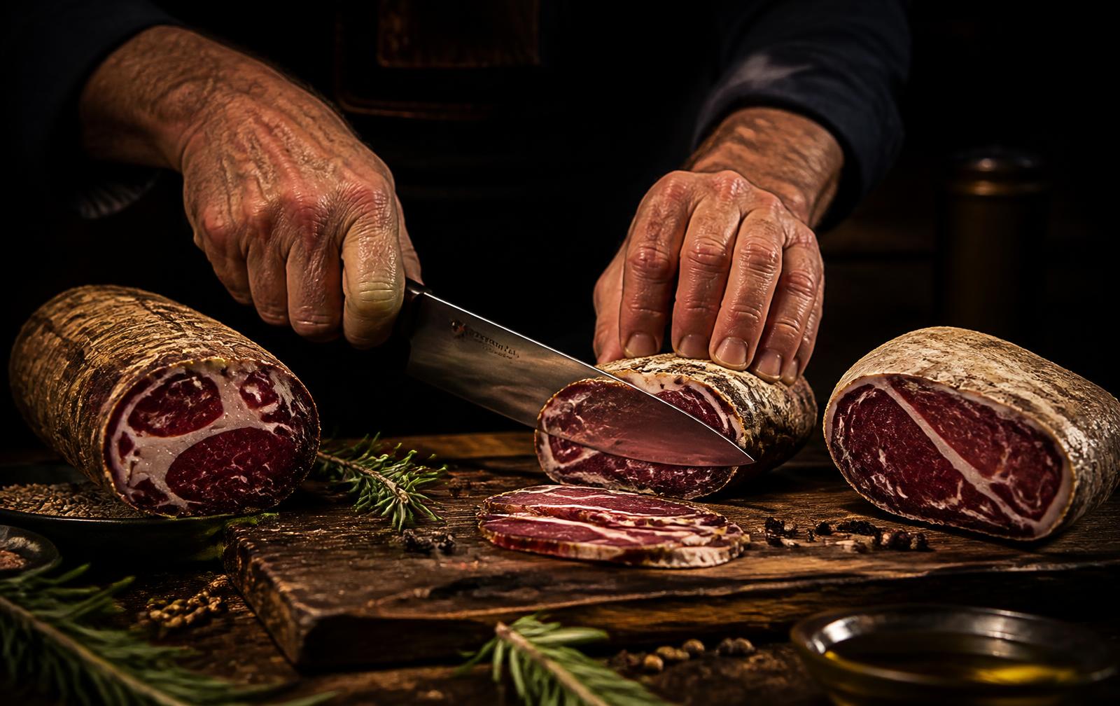 Mains tranchant une pièce de charcuterie d'exception au couteau de chef sur une planche en bois noble