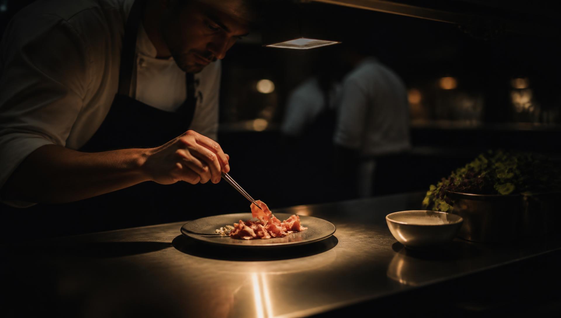 Chef dressant une assiette de charcuterie Aljadid Gourmet en cuisine professionnelle